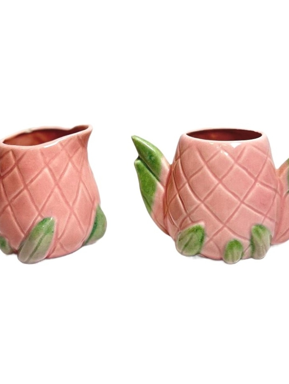 Vintage Pink Pineapple Style Ceramic Creamer & Open Sugar Bowl Set